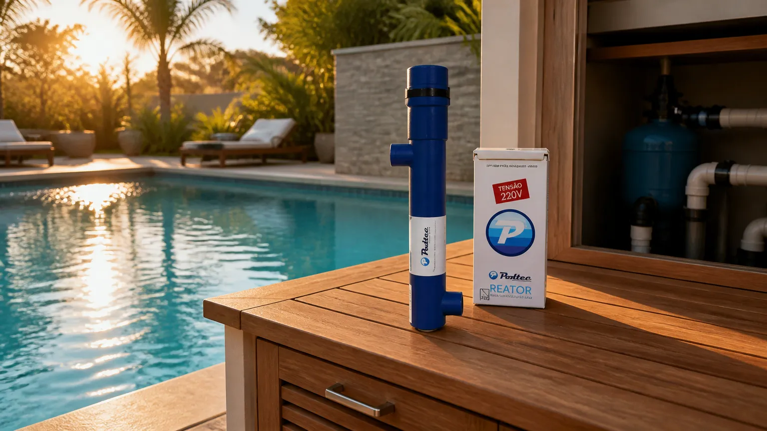 Sistema eficiente de tratamento ultravioleta piscina mantendo a água cristalina e pura para lazer familiar.