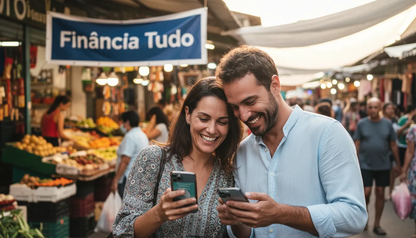 Duas pessoas sorrindo ao completar transação financeira em seus smartphones. Ilustração da praticidade dos bancos digitais e pix.