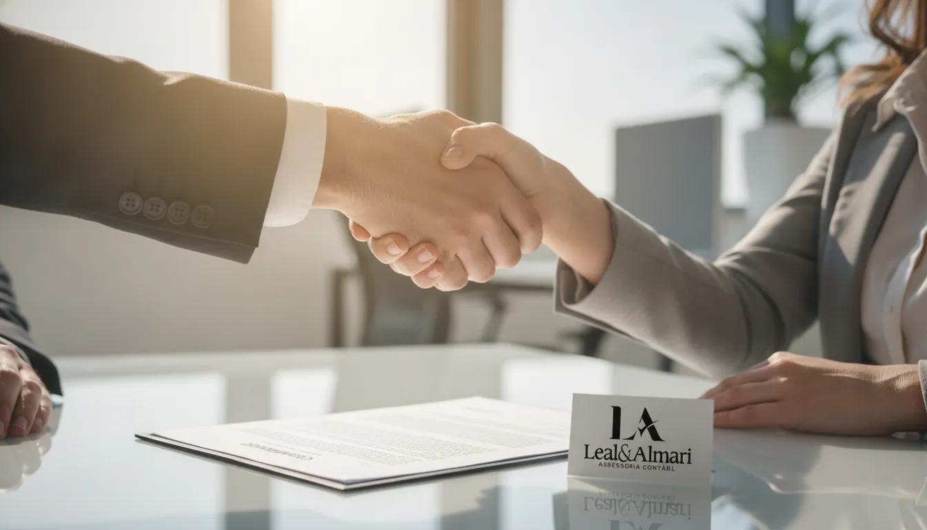Mãos apertando-se após acordo de rescisão de contrato de trabalho em escritório. Leal e Almari.