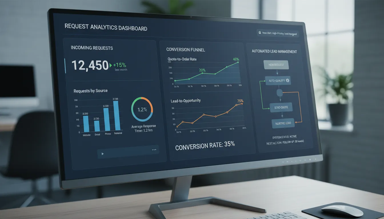 10 Páginas de Orçamento Online que Realmente Recebem Pedidos 2 Gestão eficiente de pedidos de orçamento com dashboard digital exibindo gráficos e automação de contatos.
