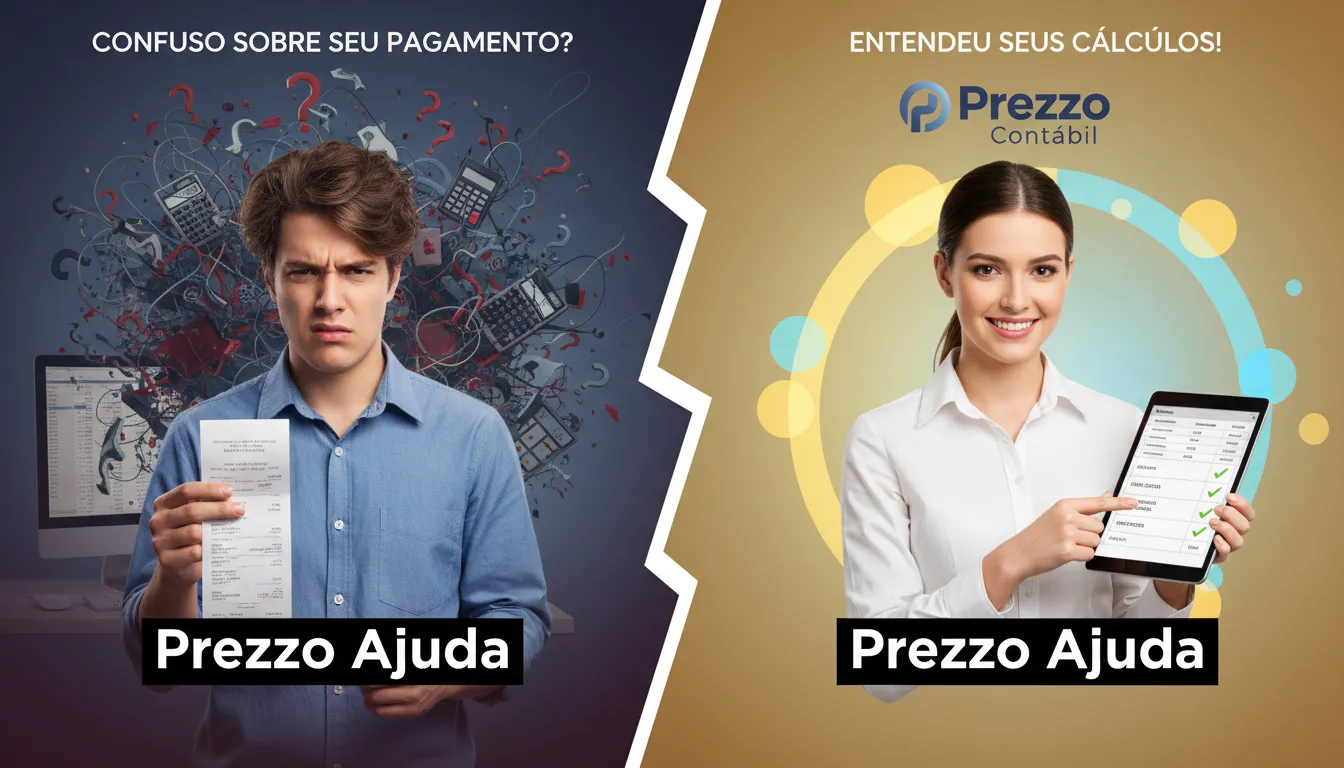 Imagem dividida contrastando a frustração de um empregado com a clareza que a Prezzo Contábil oferece no calculo hora extra, aliviando dúvidas sobre o pagamento.