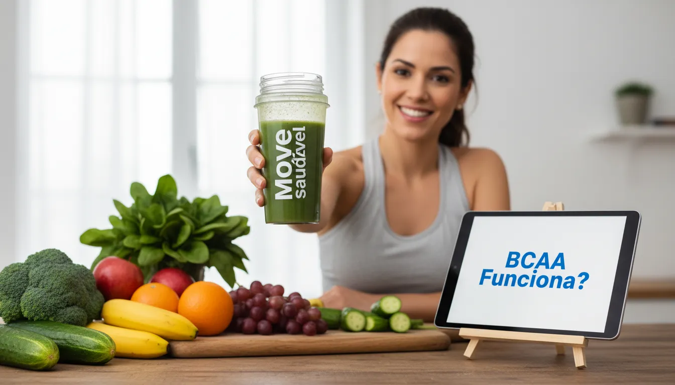 Pessoa sorrindo com smoothie e tablet com 'BCAA Funciona?'. Move Saudável 1 promove estilo de vida saudável e informa se bcaa funciona.
