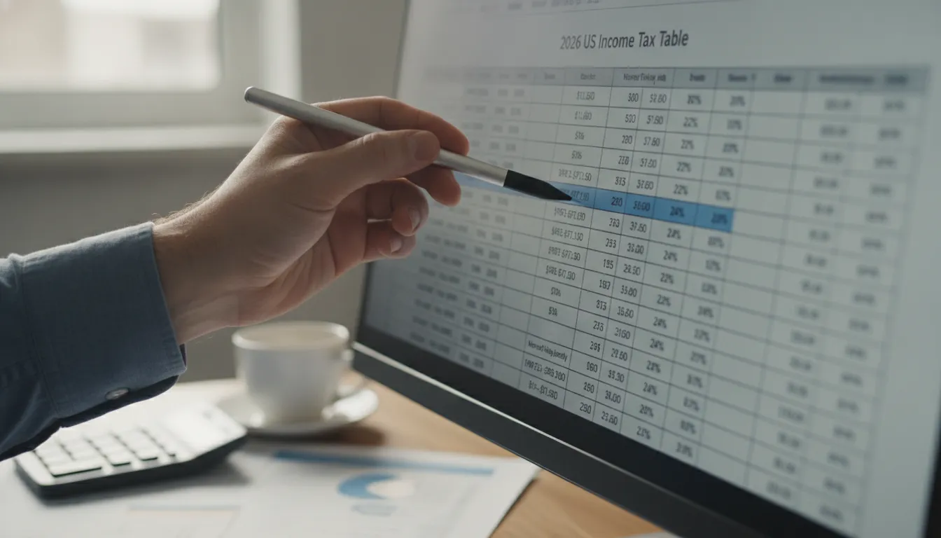Mão aponta faixa imposto de renda EUA tabela digital, detalhando alíquotas 2026 para planejamento fiscal.