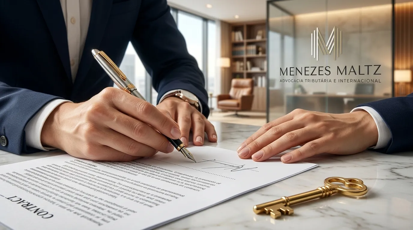 Contrato assinado simbolizando a proteção de uma holding internacional patrimonial de investidores.
