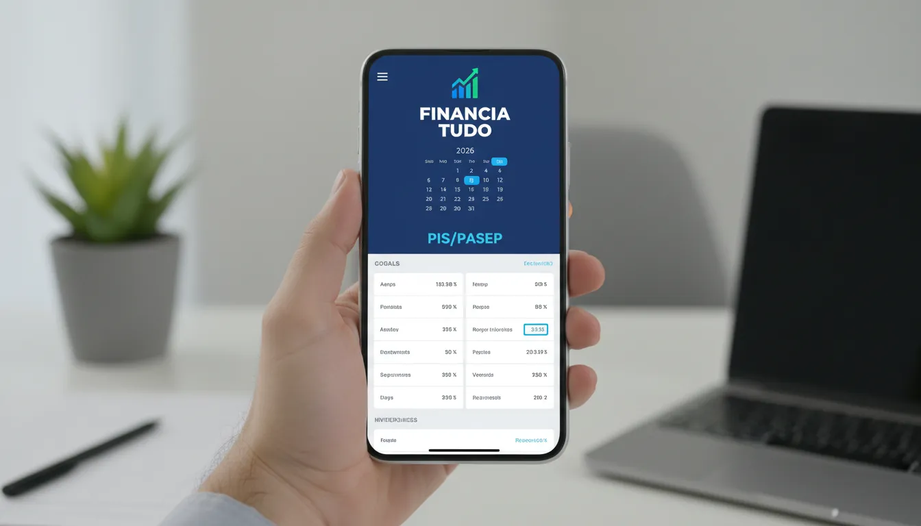 Visão de um aplicativo no celular mostrando o calendário PIS PASEP e informações sobre planejamento financeiro para 2026, com a marca Financia Tudo.