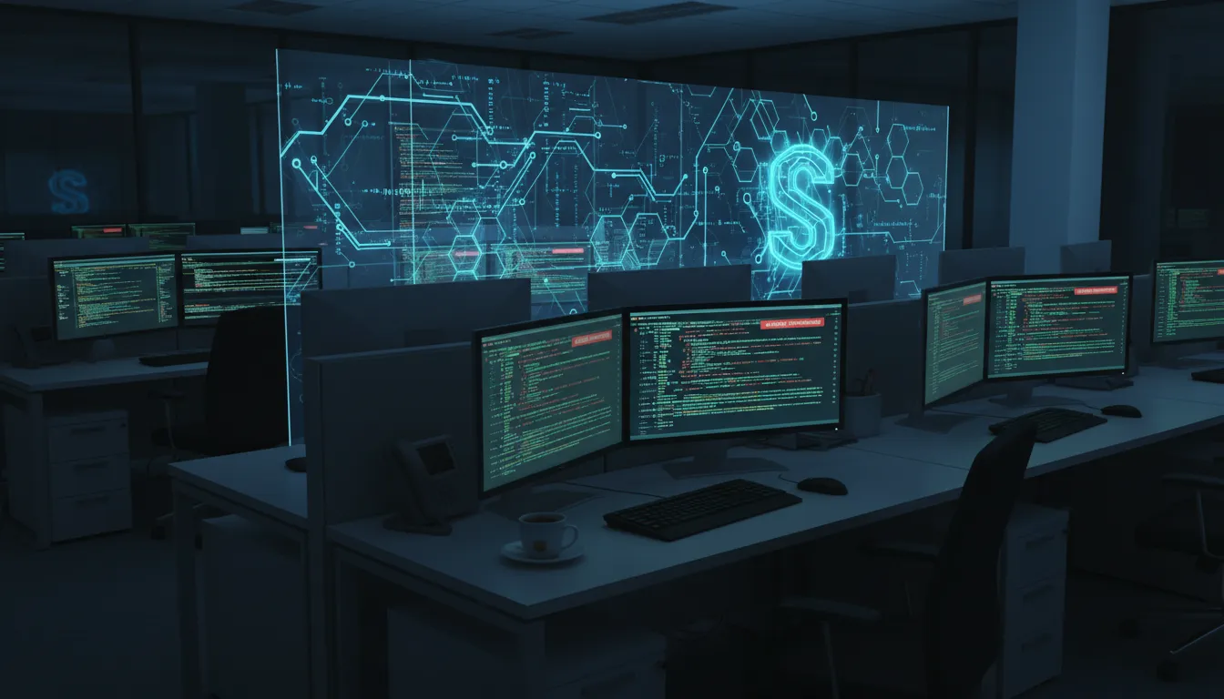 Representação visual de um ataque cibernético em andamento, com alertas de segurança e firewall digital em destaque.