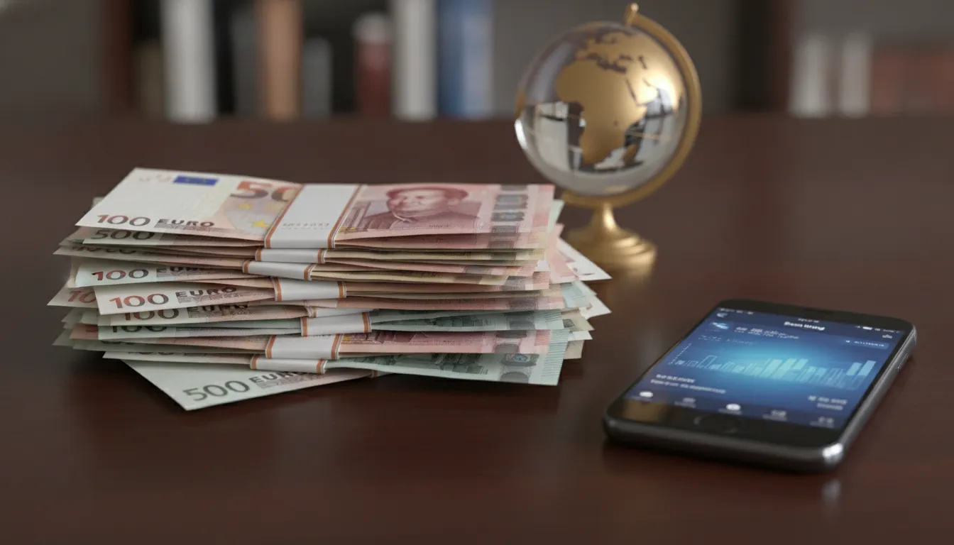 Pilhas dinheiro internacional, smartphone app bancário, simbolizando foreign bank account reporting to IRS.