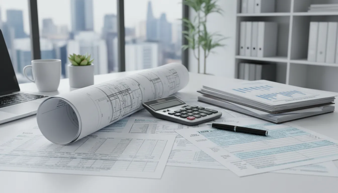 Planificación de Contabilidade para construcción en Orlando con planos y documentos financieros en un escritorio.