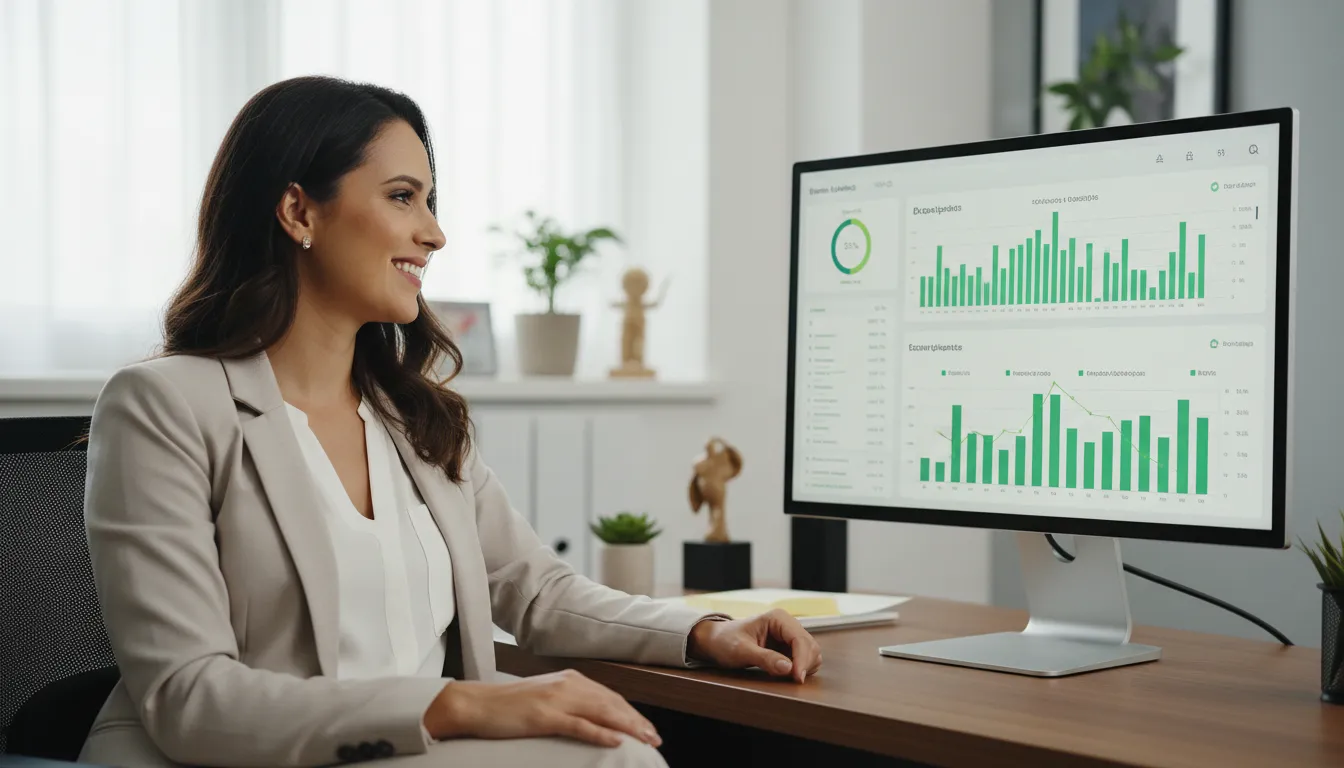 A confident Brazilian business owner viewing positive financial results, reflecting peace of mind after declaring business taxes in the US correctly.