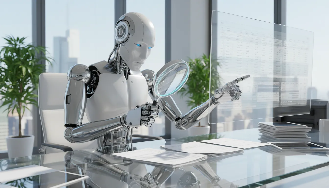 Robô revisando documentos financeiros com IA, aprimorando a automação complexa de finanças e a precisão em tarefas.