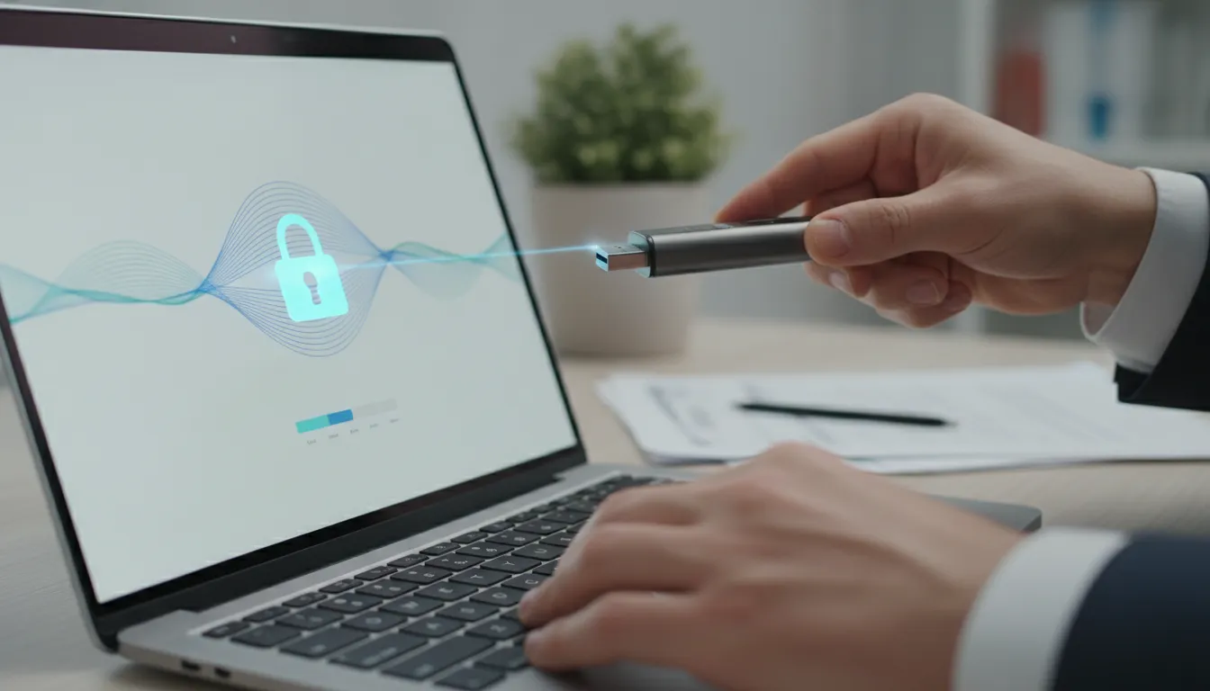 Mãos inserindo USB para backup de certificado digital. Tela do laptop mostra progresso, simbolizando proteção de dados.