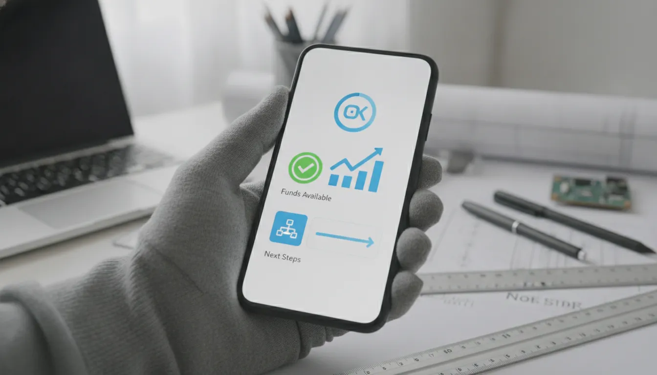 Mão segura smartphone com app financeiro, simbolizando agilidade crédito para empresa de engenharia.
