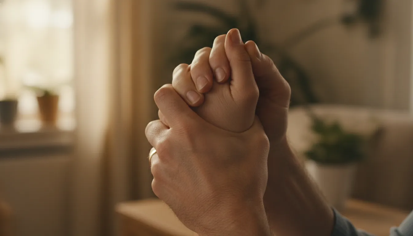 Mãos entrelaçadas com aperto sutil, representando dependência emocional e a necessidade de terapia online.