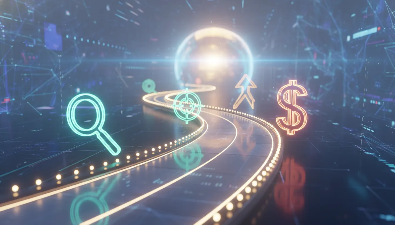 Caminho iluminado com ícones de pesquisa, segmentação e lucro, representando sucesso em tráfego pago.