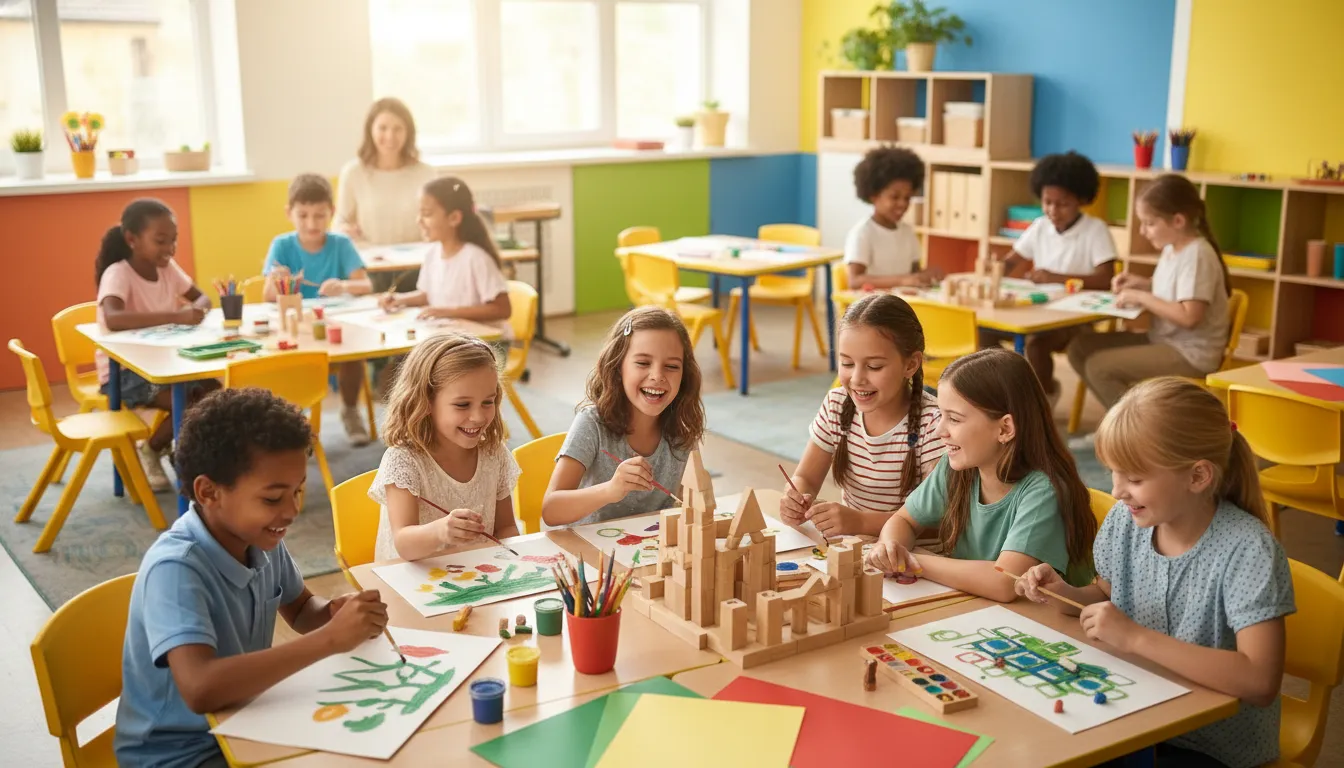Crianças brincando felizes, promovendo bem-estar e educação saudável sem pressão por desempenho.