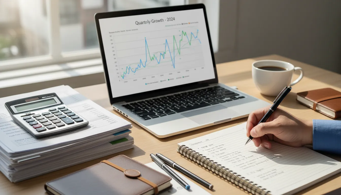 Mesa de trabalho com computador, relatórios financeiros e mão anotando, simbolizando controle financeiro empresarial.