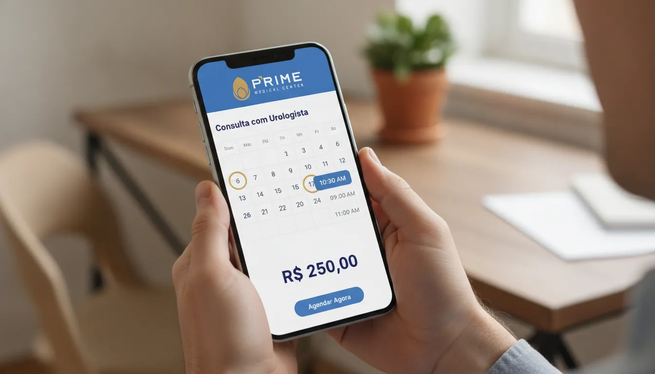Tela de celular mostra agendamento online Prime Medical e quanto custa consulta com urologista particular.