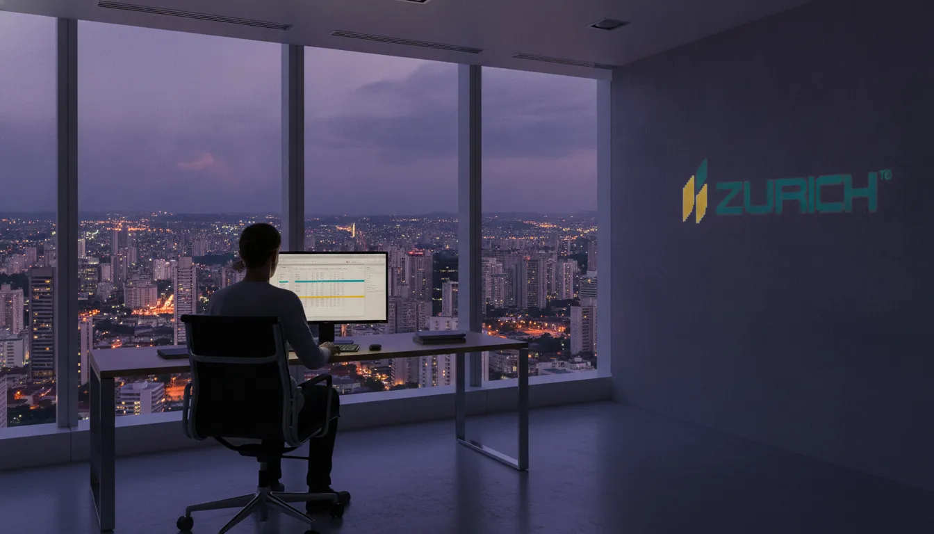 Profissional trabalha em escritório moderno com vista para cidade, gerenciando finanças e o novo IVA Brasil.