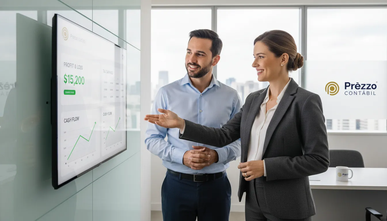 A professional CPA in Brazil guides an entrepreneur through simplified digital tax solutions, bringing clarity.