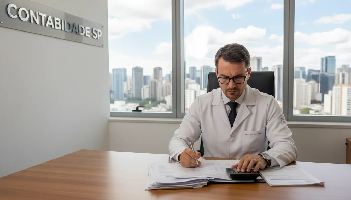 Médico analisa documentos financeiros em seu escritório com a skyline de São Paulo ao fundo. Imagem sobre a importância da contabilidade para médicos em São Paulo.