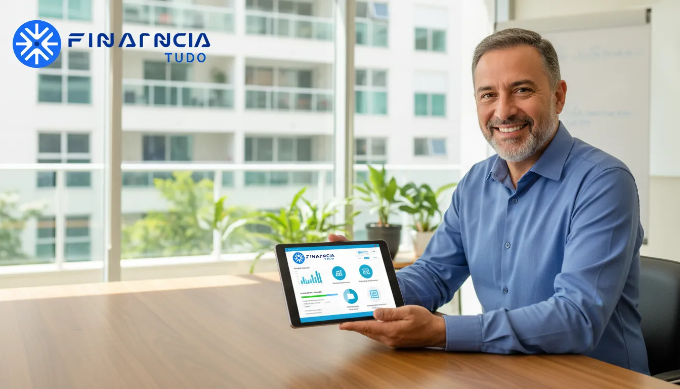 Síndico usando tablet para acessar plataforma Financia Tudo, visualizando opções de crédito para condomínio.