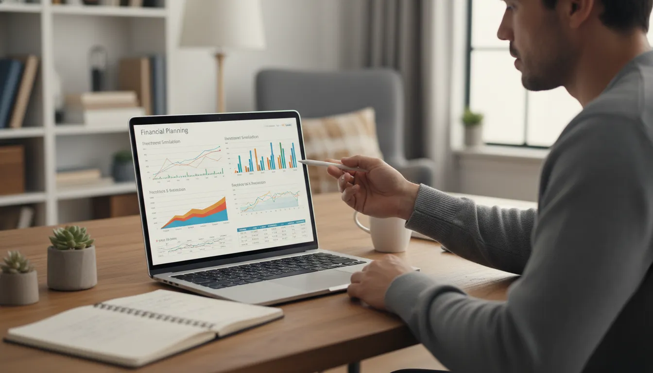 Pessoa analisando simulações de crédito para obra em notebook, ambiente doméstico organizado.