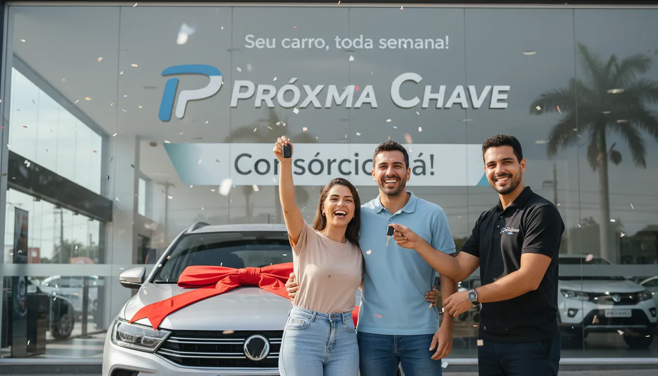 Casal recebendo as chaves do carro novo da Próxima Chave, simbolizando a conquista através do consórcio de autos. A cena transmite a felicidade da aquisição.