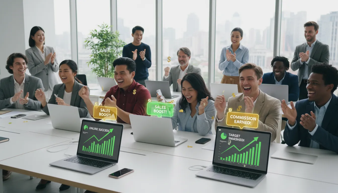 Afiliados comemorando comissões e vendas online realizadas pelo marketing de afiliados