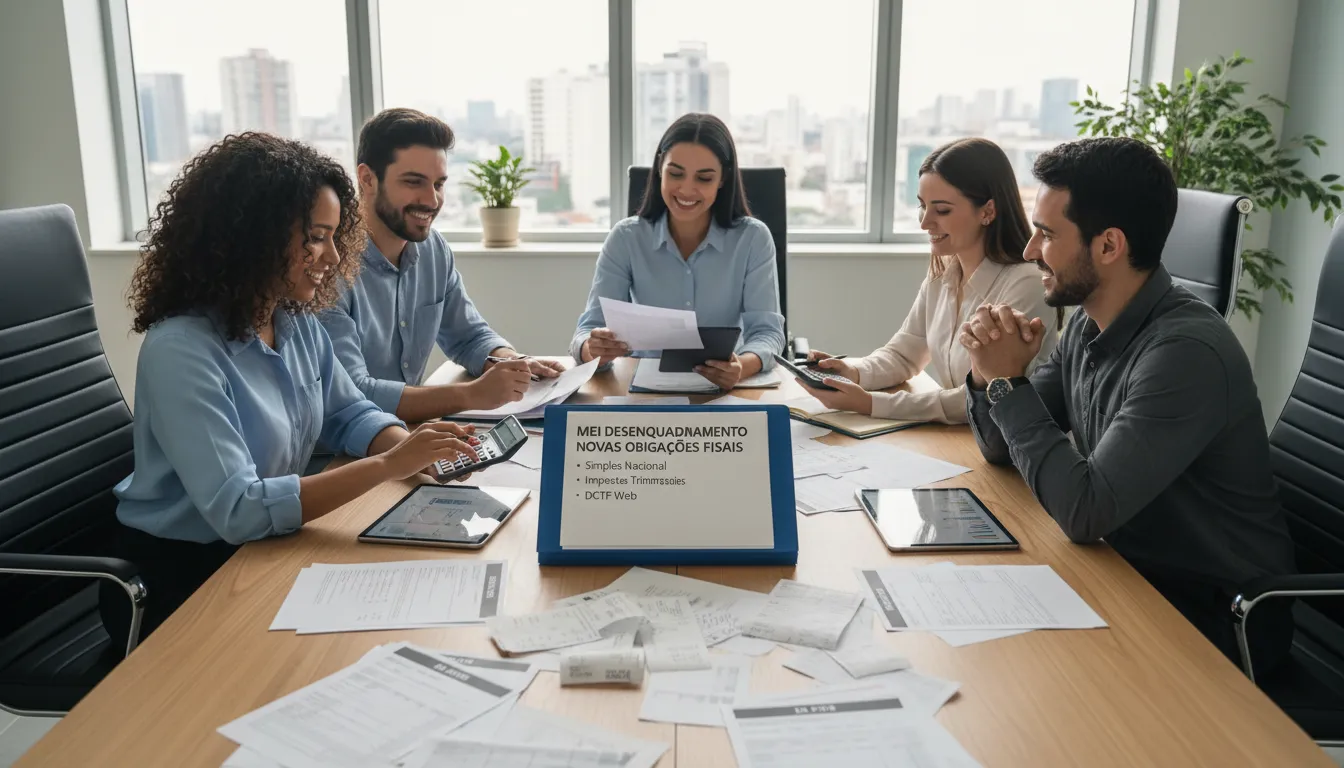 Equipe de pequena empresa discutindo obrigações fiscais e usando tecnologia para controle financeiro.
