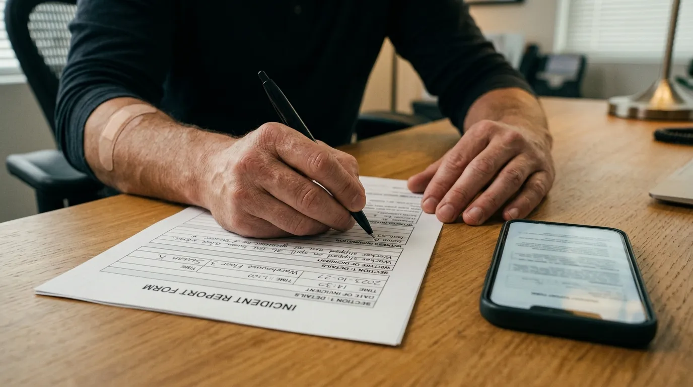 Preenchimento de formulário de CAT acidente de trabalho após ocorrência de lesão laboral.