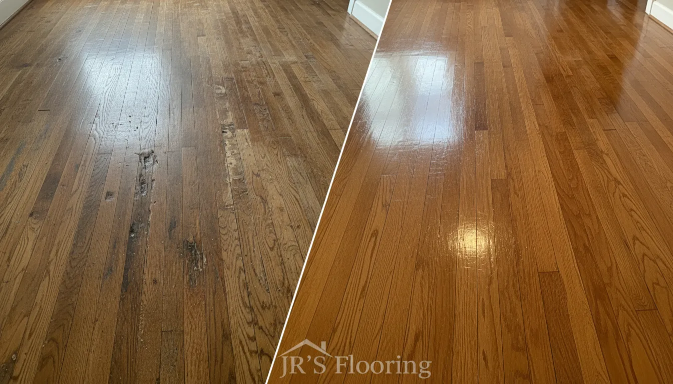 Before and after shot dramatically showing the results of refinishing wood floors by JRS Flooring. Professional finish.