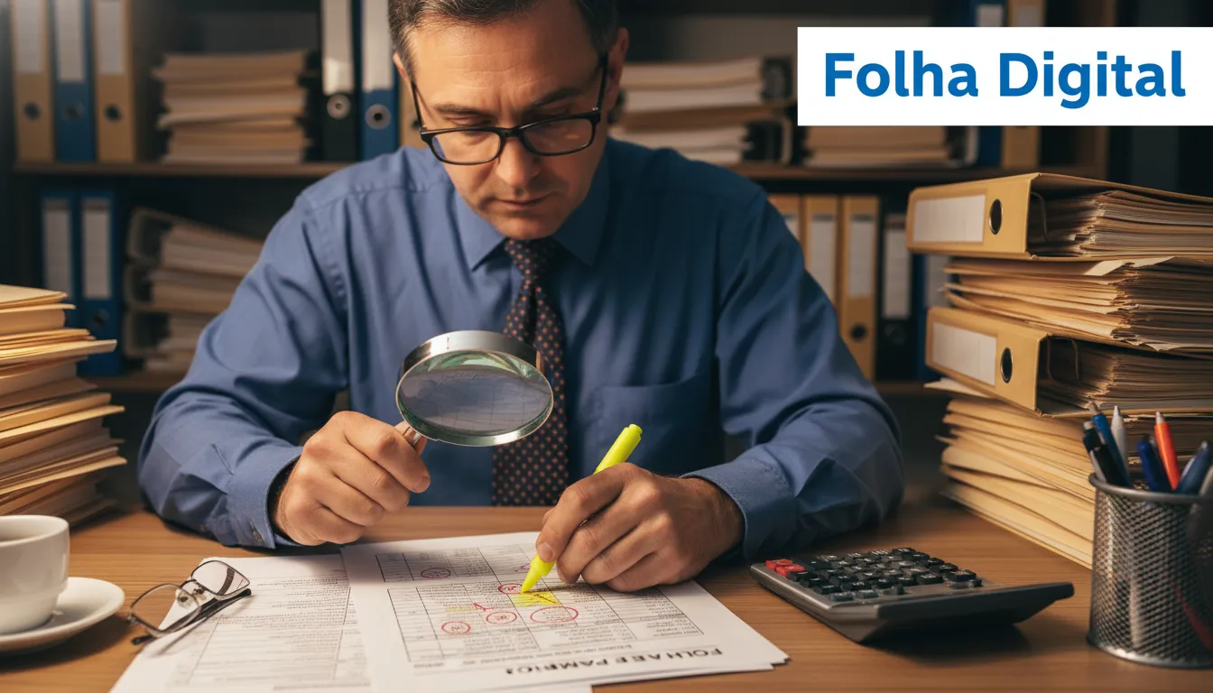 Contador analisa documentos da folha de pagamento com lupa, simbolizando a precisão na e-social folha de pagamento e obrigações fiscais.