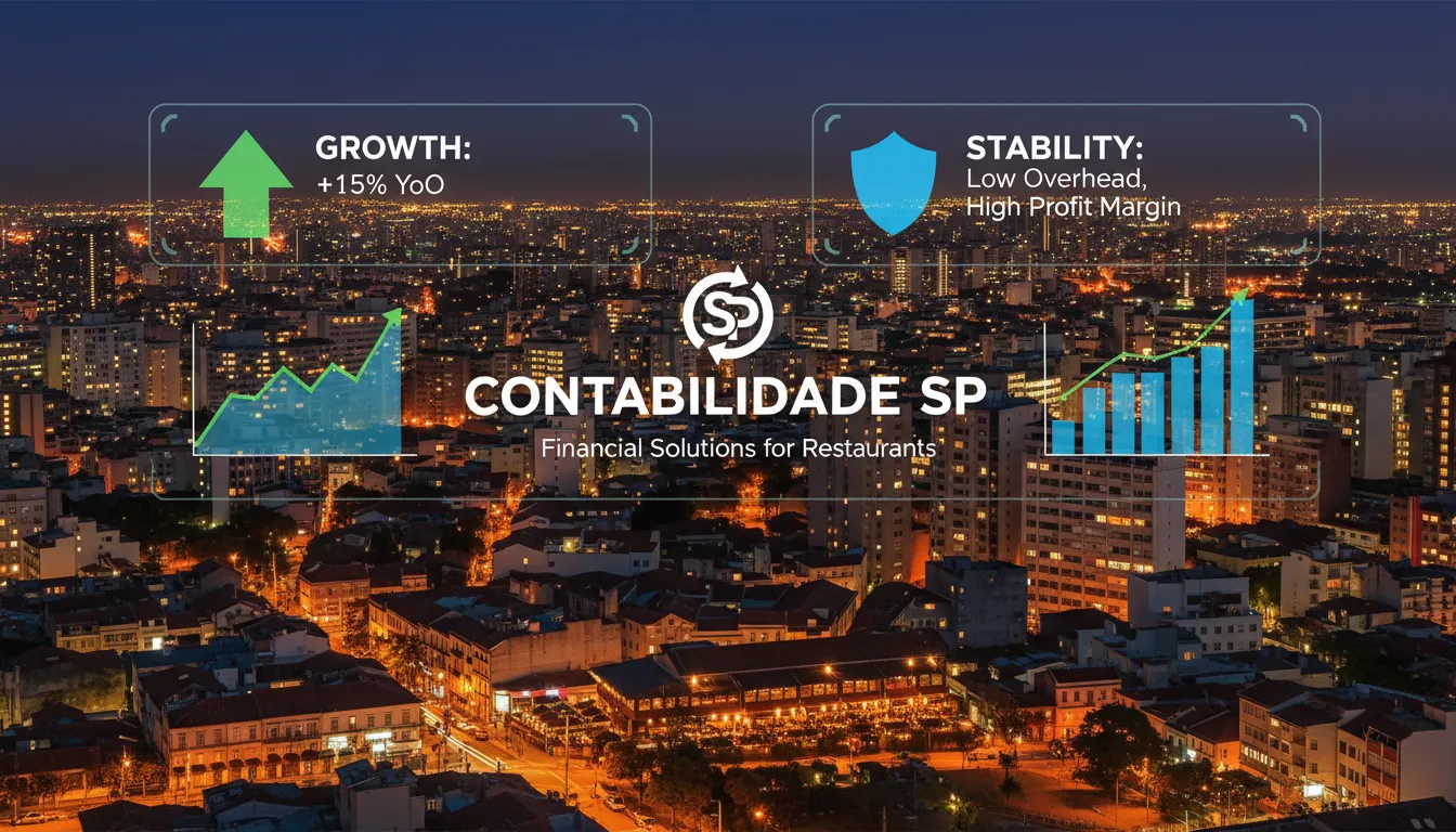 Visão noturna de São Paulo com indicadores financeiros de restaurantes, representando a Contabilidade Especializada em Restaurantes em SP.