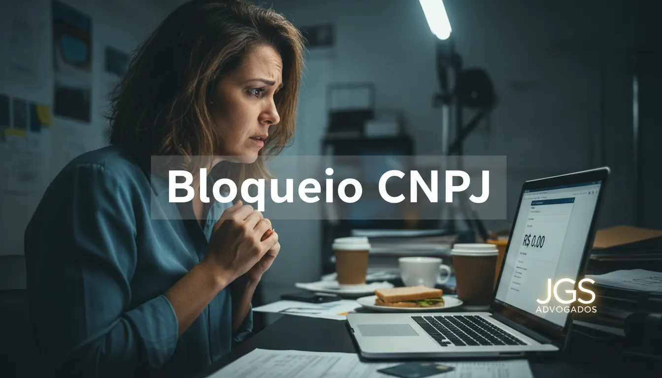 Empresário preocupado olhando para o extrato bancário zerado em um laptop, simbolizando o impacto da execução bancária CNPJ. JGS Advogados oferece soluções.