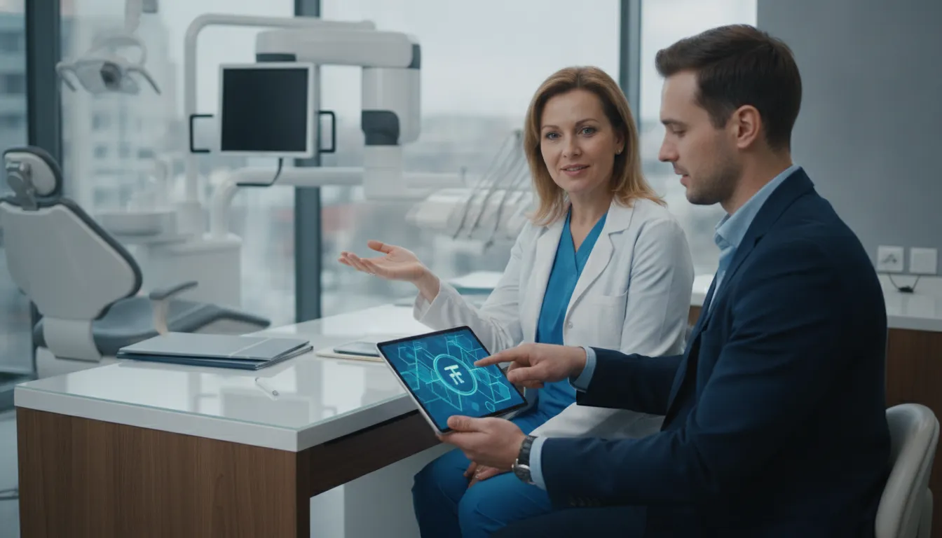 Dentista consultando especialista Financia Tudo sobre home equity para dentistas e expansão.