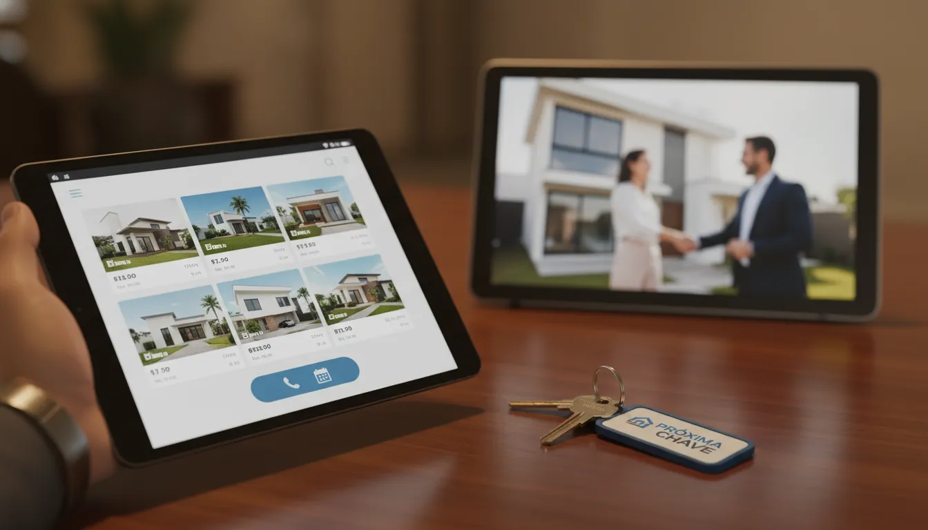 Mão segura tablet com app imobiliário, simbolizando conversão e sucesso com cpl cac conversão números.