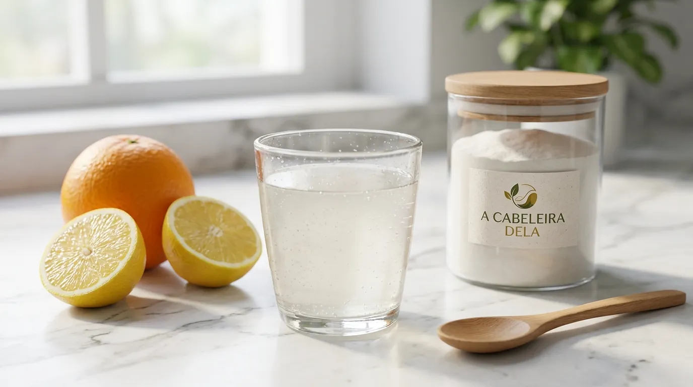 Suplemento de colágeno cabelo dissolvido em copo com água fresca.