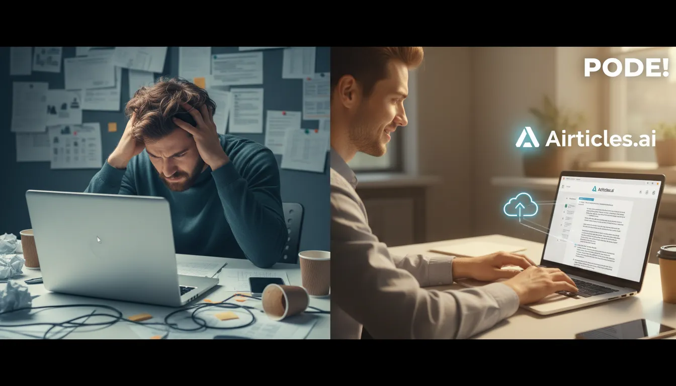 Comparativo do esforço na criação de conteúdo versus a facilidade com Airticles.ai, ilustrando o que 'pode significa' em termos de produtividade.