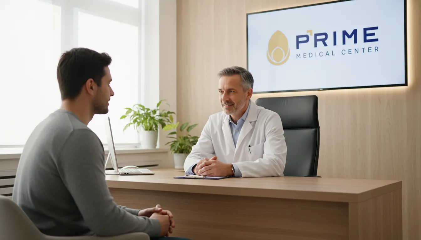 Médico conversando com paciente sobre tratamento para disfunção erétil de origem psicológica.
