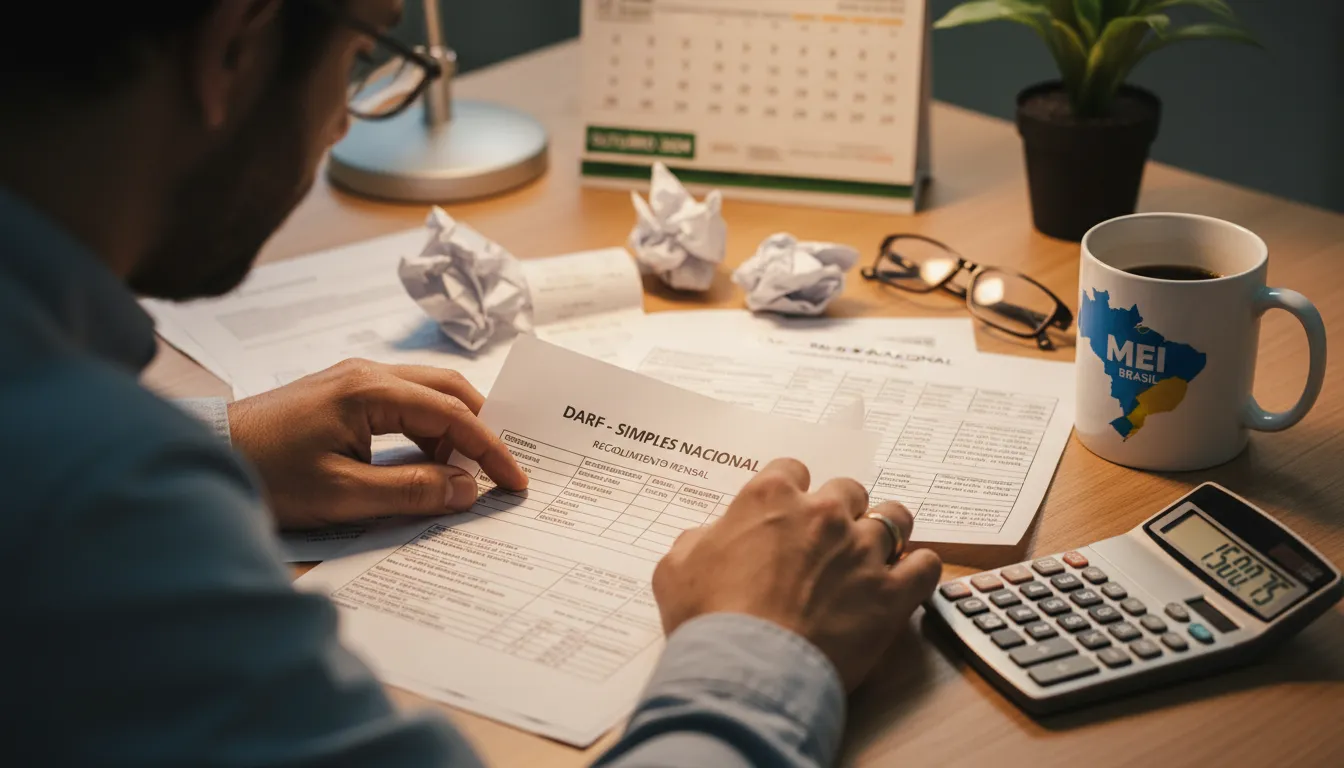 Mãos de empreendedor MEI organizando documentos fiscais e comprovantes em uma mesa iluminada.