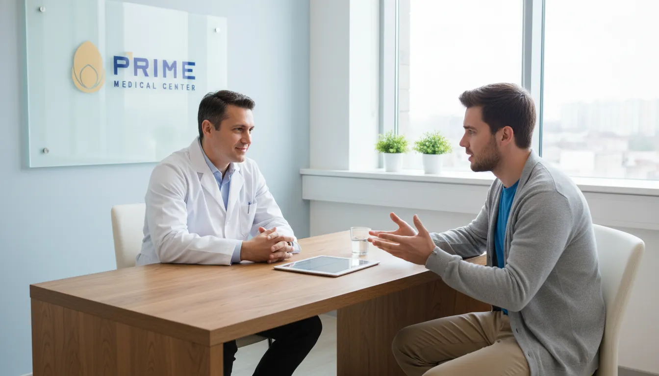 Consulta médica com foco na solução para disfunção erétil jovem, promovendo a saúde masculina. Prime Medical.