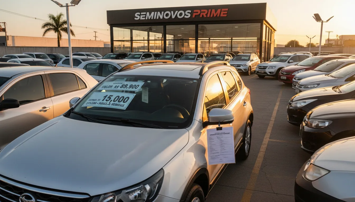 Carro seminovo em destaque numa concessionária, mostrando detalhes de financiamento e valor de mercado.