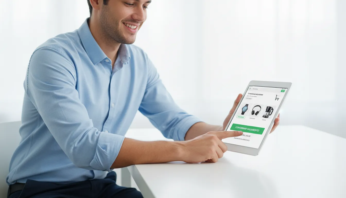 Site Institucional vs E-commerce: Qual Seu Negócio Precisa 2 Empreendedor fechando compra em loja virtual no tablet com interface clara e moderna