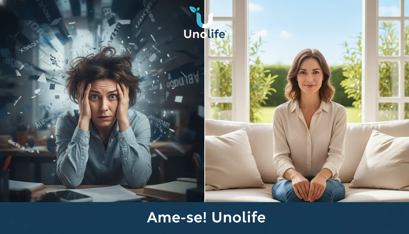 A tela dividida ilustra a transformação de uma pessoa ansiosa para calma, evidenciando o impacto positivo da terapia proporcionada pela Unolife.