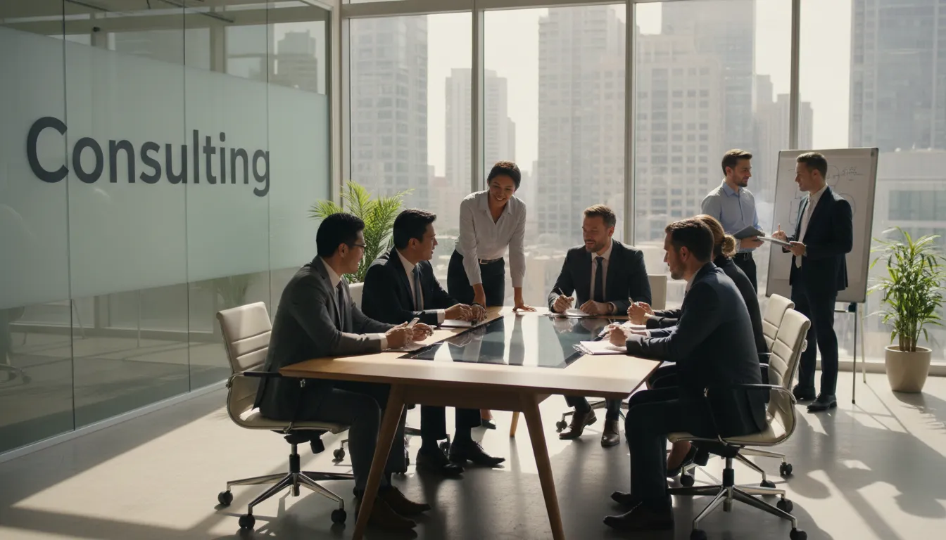 Uma equipe diversificada de consultores financeiros colaborando em um escritório moderno, representando as soluções oferecidas pelo Escritório de Contabilidade em Orlando.