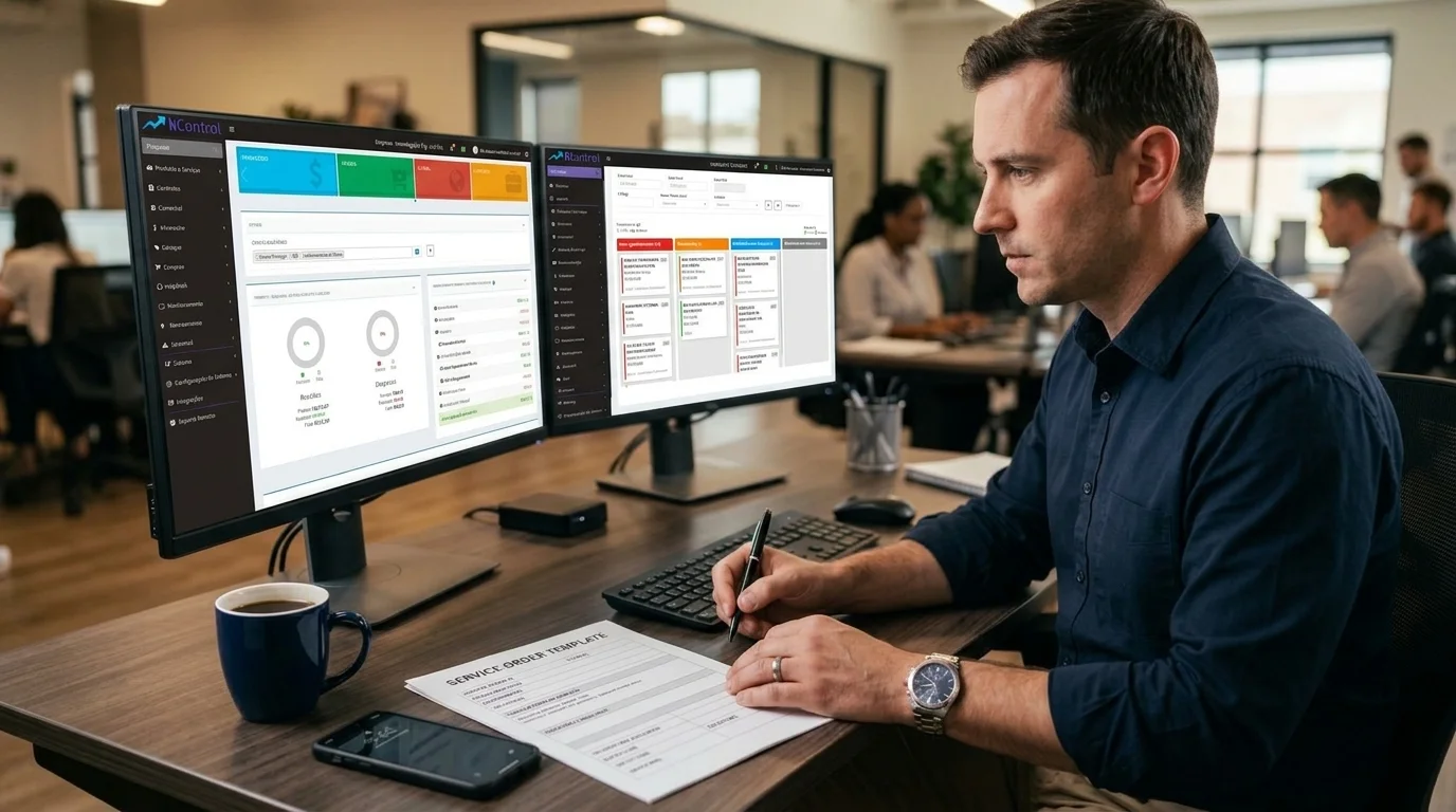 Gestor analisando modelo de ordem de serviço para empresas de monitoramento
