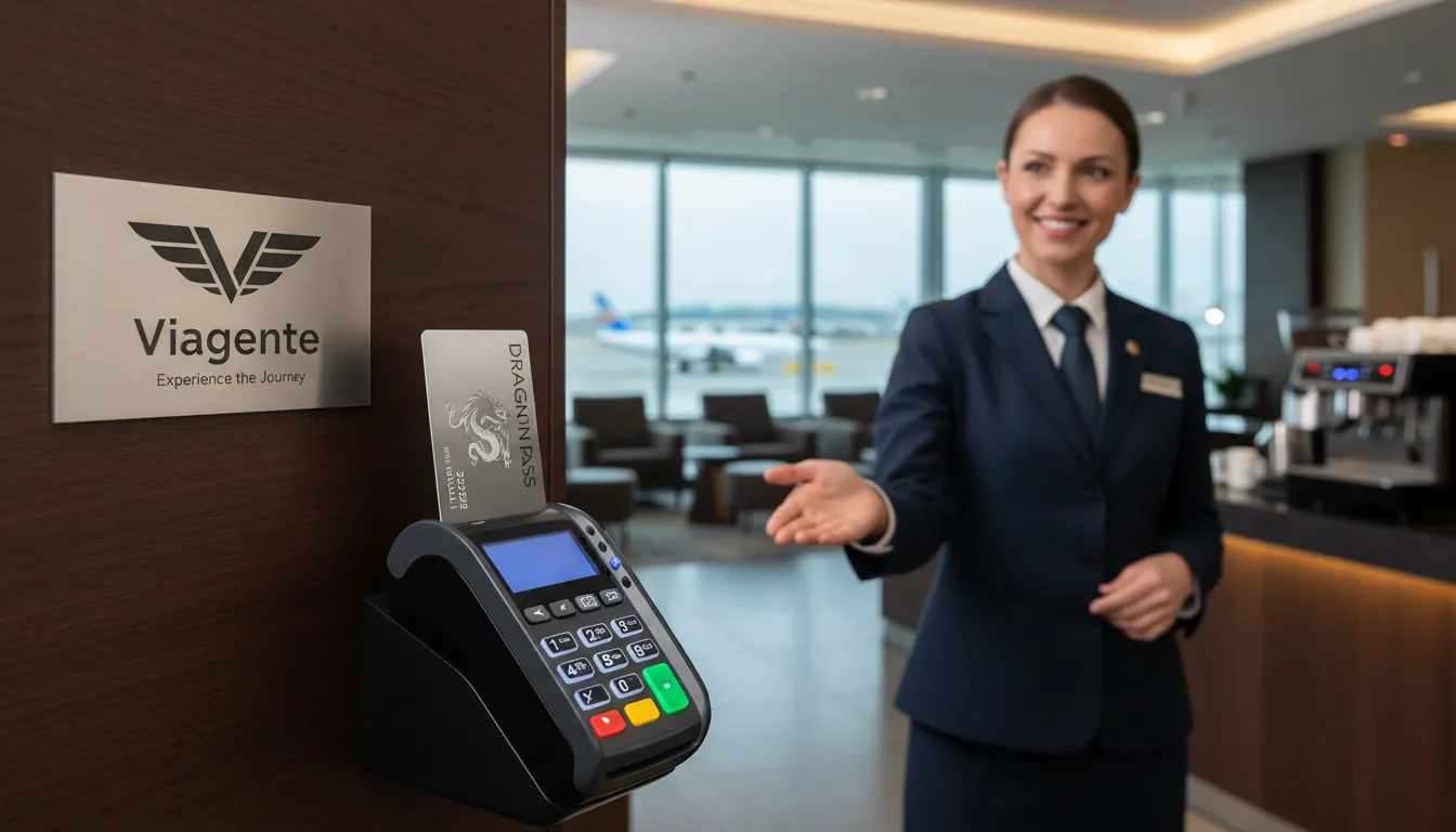 Close-up da leitura do cartão dragon pass na entrada de um lounge de aeroporto. Logotipo da Viagente discretamente posicionado próximo.