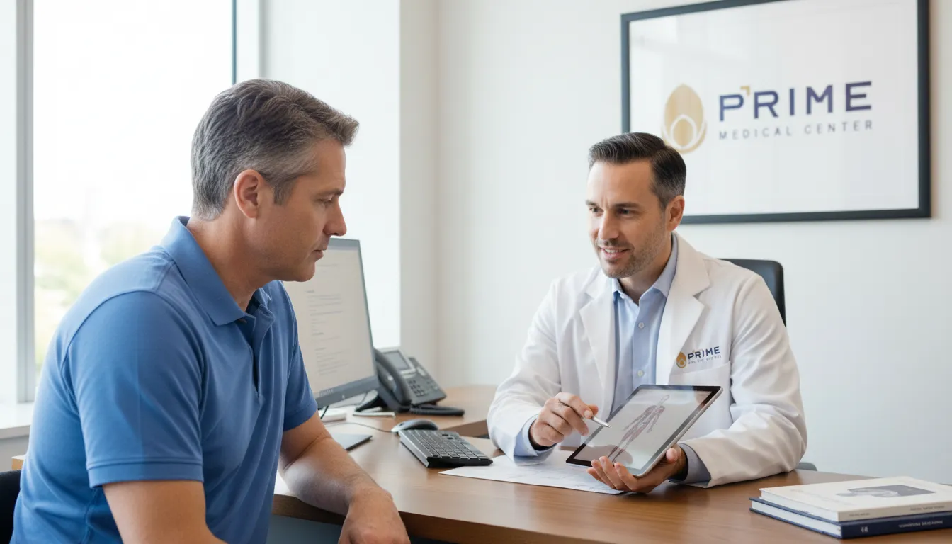 Homem em consulta médica com um profissional, buscando orientação sobre o equilíbrio da testosterona alta. Ambiente moderno e acolhedor.