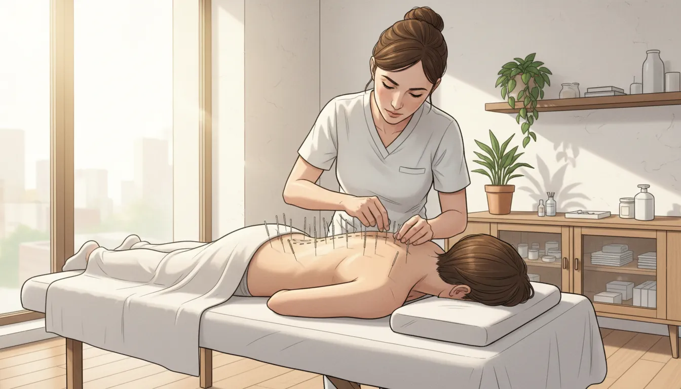 Sessão de acupuntura, técnica de terapias vibracionais, com agulhas finas aplicadas nos pontos de energia do paciente, em ambiente clínico.