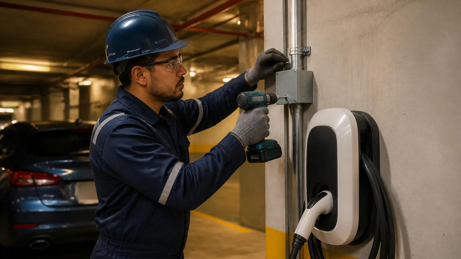 Instalação técnica viabilizada por financiamento de carregadores elétricos condominiais seguros.